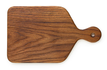 Handmade oak wood cutting board, isolated on a white background, top view.