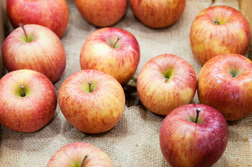 Fresh Aomori Fuji apple on sackcloth