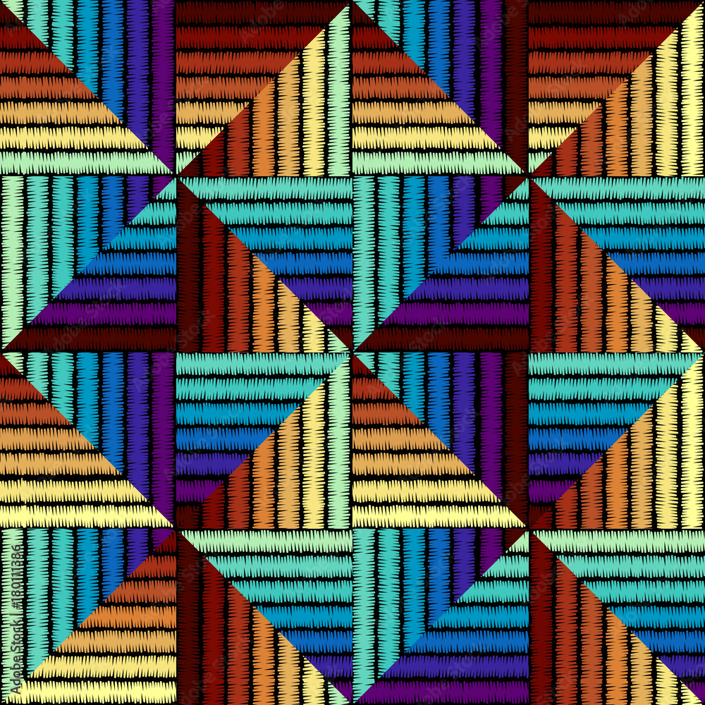 Poster Colored lines on a black background in patchwork style. Ethnic and tribal motifs. Seamless vector background.