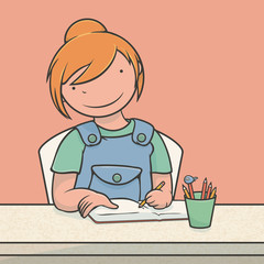 Girl Doing School Homework, Left Handed, Character Design, Vector Illustration