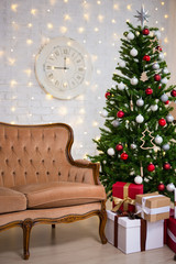 christmas background - living room with decorated christmas tree, vintage sofa, lights and gifts
