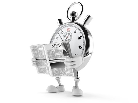 Stopwatch character reading newspaper