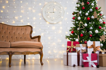 christmas background - living room with decorated christmas tree, vintage sofa and gifts