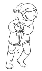 Happy Kid Making a Snow Ball, Winter Games Theme, Character Design, Coloring Page, Vector Illustration