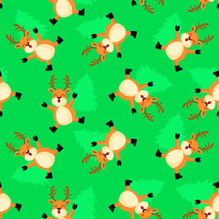 Cute cartoon Reindeer seamless pattern. Flat style, vector illustration isolated on green background. Merry Christmas concept.