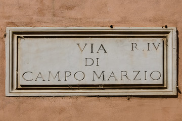 Via di Campo Marzio street name sign. Campo Marzio is the IV rione of Rome, which covers a smaller...