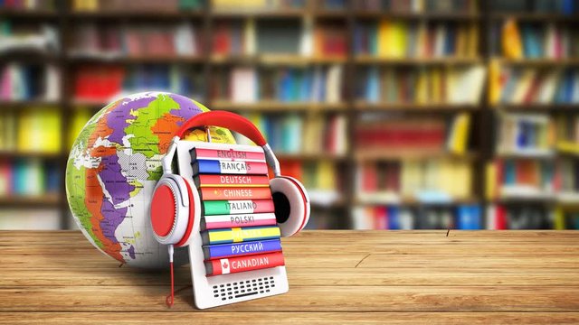 e-boock whith globe audio learning languages 3d render Success knowlage concept