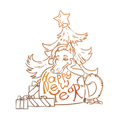 Yellow dog for New Year 2018, cute symbol of horoscope. Cute puppy in cartoon doodle style.