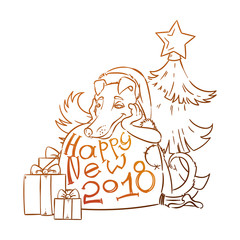 Yellow dog for New Year 2018, cute symbol of horoscope. Cute puppy in cartoon doodle style.