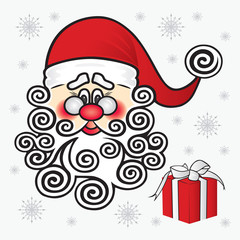 Santa Claus on a white background with a gift and snowflakes. Christmas greeting card.