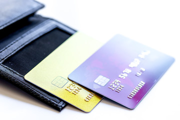 Credit cards with wallet close up - online shopping