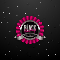 Black friday label with ribbons, snow on black background for design, marketing, promotion, poster, flyer, web, card, invitation. Holiday sticker, badge with discount, super sale. Illustration EPS 10