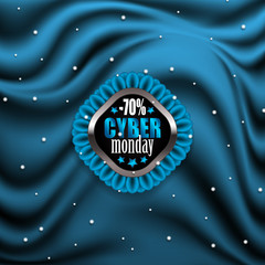 Cyber monday label with ribbon on blue drapery background for design, marketing, promotion, poster, flyer, web, card, invitation. Holiday sticker, badge with discount, super sale. Illustration EPS 10