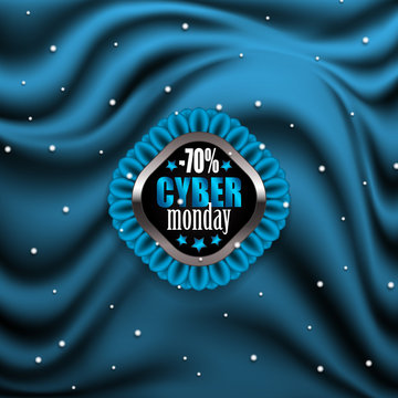 Cyber monday label with ribbon on blue drapery background for design, marketing, promotion, poster, flyer, web, card, invitation. Holiday sticker, badge with discount, super sale. Illustration EPS 10