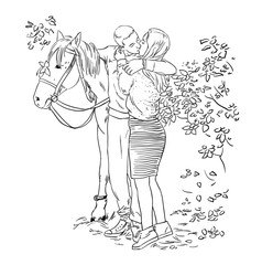 A kiss of a young couple in love sketch style next to the horse
