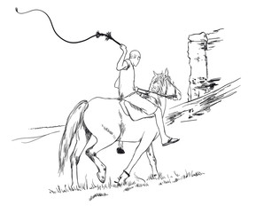A young guy rider riding a horse rides past a cliff with a whip in his hands, vector sketch