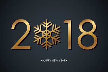 New Year 2018 gold colored banner with snowflake and black background. Vector illustration.