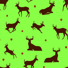 Forest, Deer Seamless pattern, on a green background,