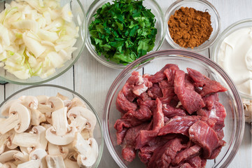 Beef and other ingredients ready to cooking beef Stroganoff