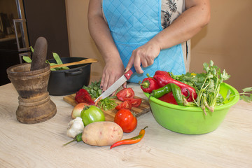 Chef cuts the vegetables into a meal. A woman uses a knife and cooks. Young Woman Cooking in the kitchen. housewife slicing vegetables