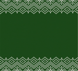 Knitted holiday geometric green ornament design with empty space for text. Christmas seamless pattern.