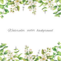Watercolor vector frame of flowers and branches Jasmine isolated on a white background.