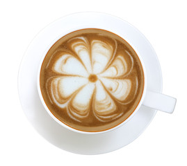 Top view of hot coffee cappuccino latte art foam isolated on white background, clipping path included