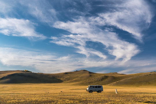 Russian SUV in the Mongolian steppe