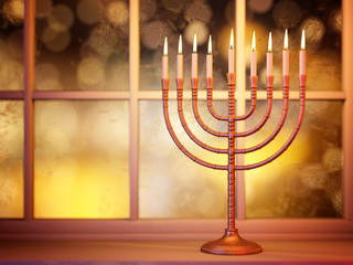 Hanukkah menorah on window background