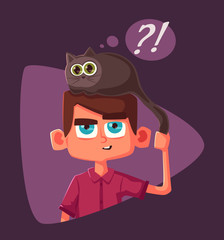 Cute kid and funny cat. Cartoon vector illustration