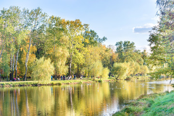 Fototapeta na wymiar Lake with birds in city park with walking people