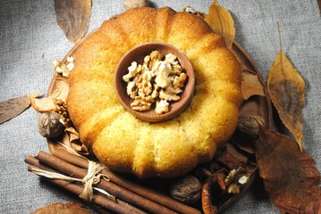 Appetizing cupcake, cooked from corn flour with honey and walnuts.