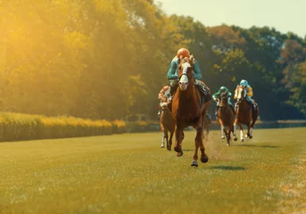 Abwaschbare Fototapete Reiten Mehrere Rennpferde mit Jockeys bei einem Pferderennen