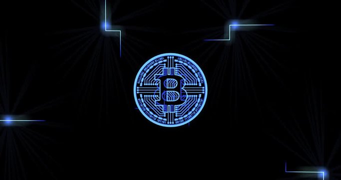 Bitcoin data pulse / 3D animation of rotating glowing bitcoin with data pulses