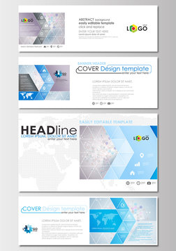 Social media and email headers set, modern banners. Business templates. Cover design template, flat layout in popular formats. Molecule structure on blue. Science healthcare background, medical vector