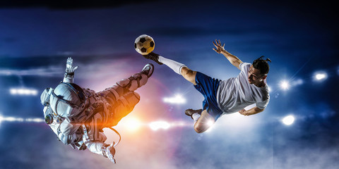 Fototapeta na wymiar Astronaut play soccer game