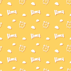 Bed For Sleeping With Alarm Clock And Clouds Pattern