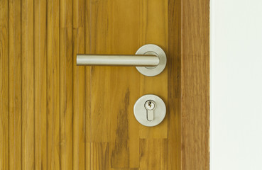 Modern style door handle on wooden door