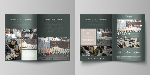 Business templates for bi fold brochure, magazine, flyer, report. Cover design template, abstract vector layout in A4 size. Background made of dotted texture for travel business, urban cityscape.