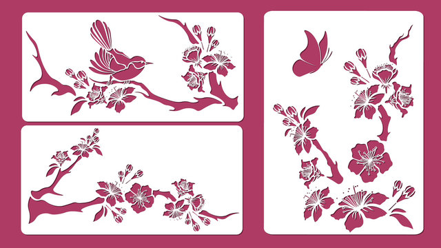 Set of stencils. Blossom cherry branch. Sakura. Bird on the blossom cherry branch. Graphic vector decorative elements. Template suitable for laser cutting.