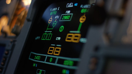 Autopilot control element of an airliner. Panel of switches on an aircraft flight deck. Thrust...