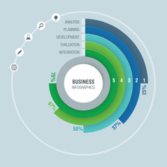 Colorful business infographics, radial chart, diagram with 5 percentages. Vector illustration business template
