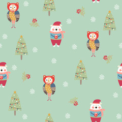 Seamless pattern with owl and bear