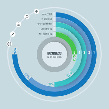 Colorful Business Infographics, Radial Chart, Diagram With 5 Percentages. Vector Illustration Business Template