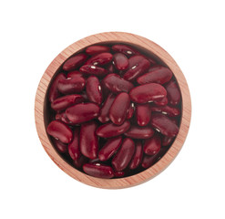 Top view of red beans in wooden bowl isolated on white background with clipping path