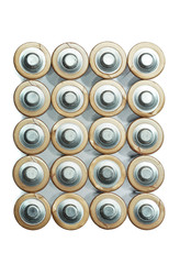 Top view of AA batteries extreme macro isolated on white