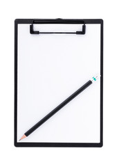 Blank paper on black clipboard with space on white background