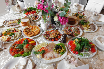 Variety of appetizers prepared for a wedding dinner