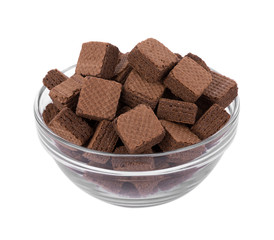 Wafers cubes with chocolate in bowl isolated on white background