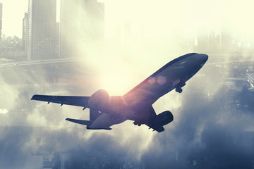 Airliner in sky. Mixed media